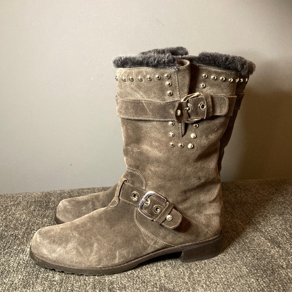 Stuart Weitzman Women's Studded Suede & Fur Brown Bootie Size 8